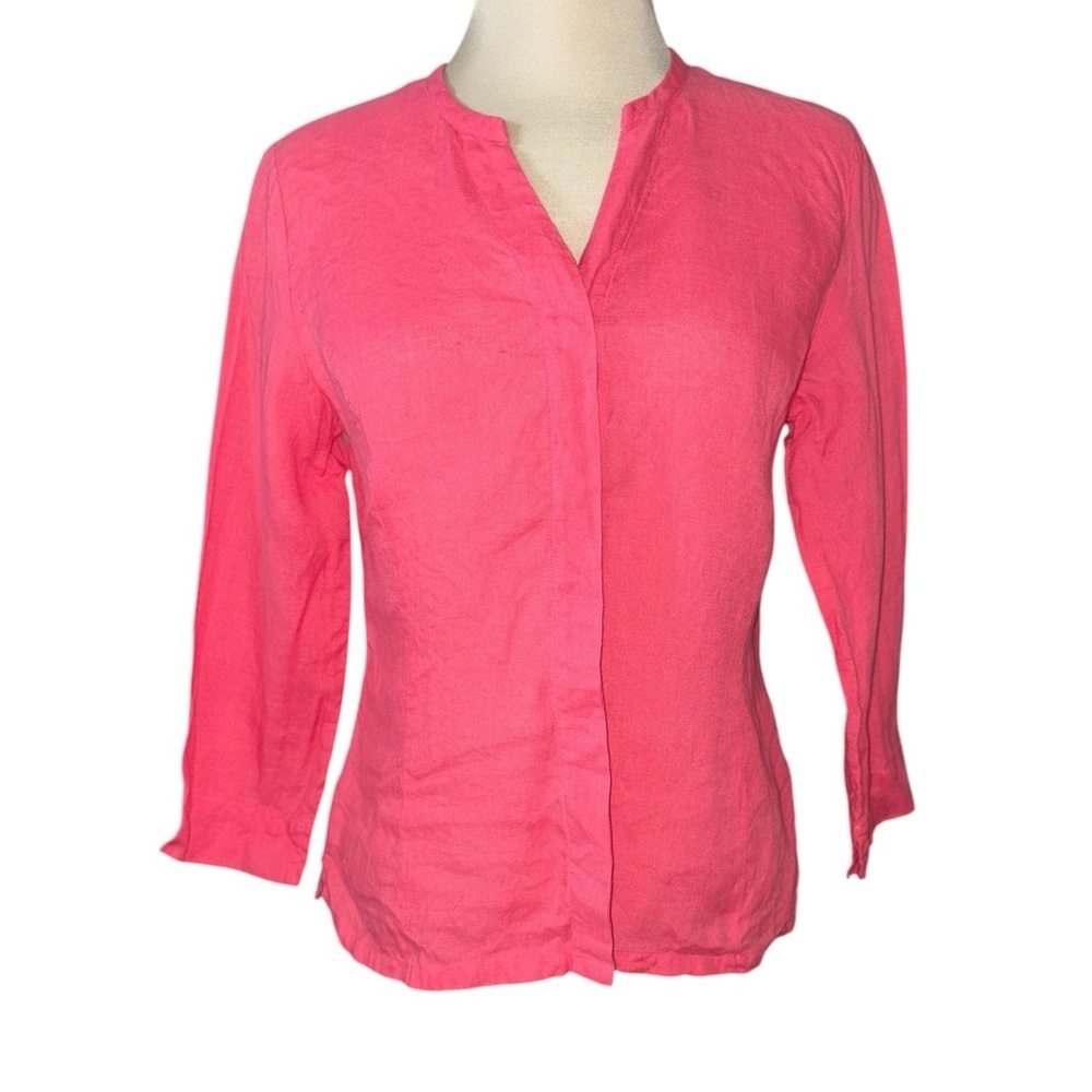 Talbots blouse button down 3/4 sleeves 100% Irish linen V-neckline size 4